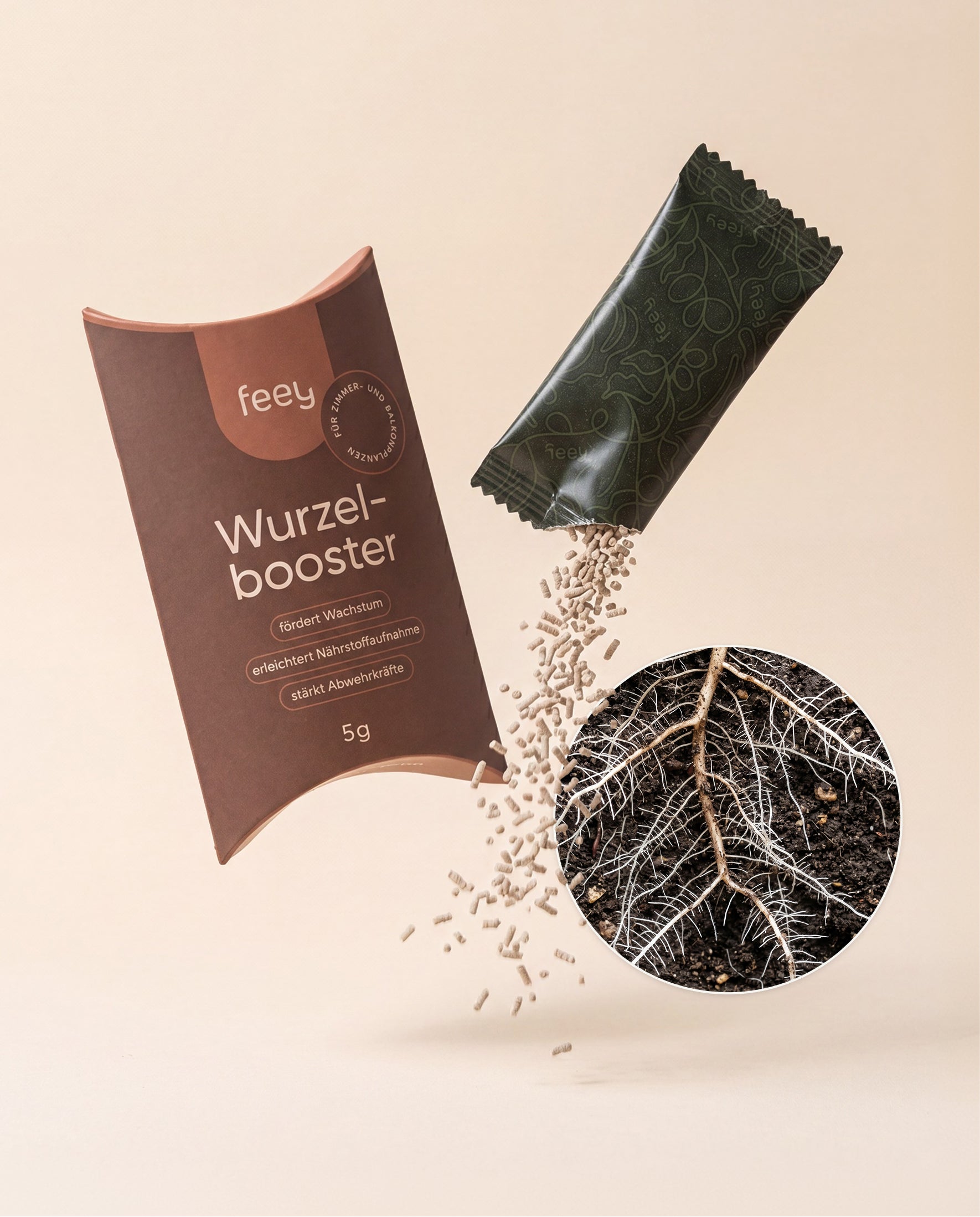 feey Wurzelbooster 5g Verpackung mit geöffnetem Sachet, aus dem das Granulat rieselt, daneben eine runde Detailaufnahme kräftiger Pflanzenwurzeln