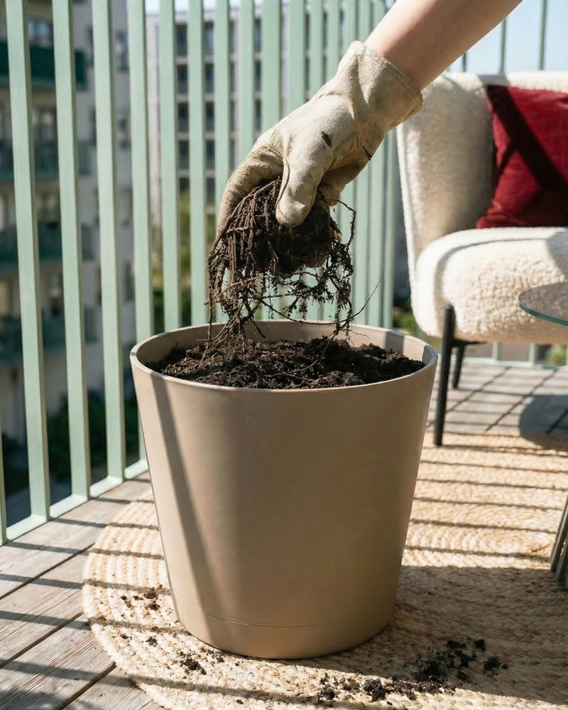 Eine behandschuhte Hand topft Geranium (blau) in einen beigen Topf auf einem Balkon mit Geländer, einem Stuhl und einem runden Teppich im Hintergrund - und erweckt so Ihren eigenen Gartenschatz zum Leben.