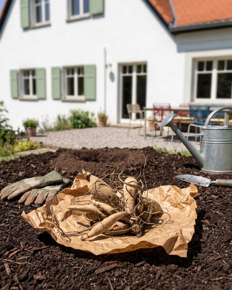 Ein Büschel Sedum (Rosa) sitzt auf braunem Papier über Gartenerde, umgeben von Gartenhandschuhen, einer Kelle und einer Gießkanne. Im Hintergrund ist ein weißes Haus mit grünen Fensterläden zu sehen.