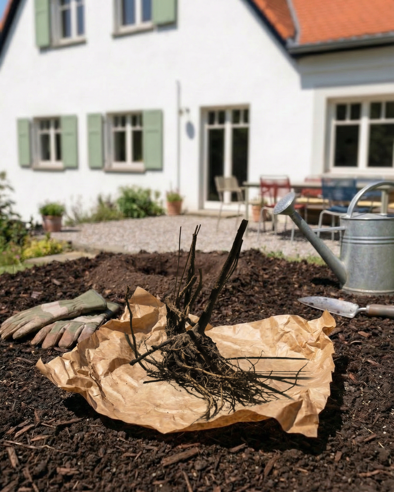 Eine wurzelnackte Geranie (blau) liegt auf braunem Papier in der Gartenerde, umgeben von Gartenhandschuhen, einem Spaten und einer Metallgießkanne. Im Hintergrund steht ein weißes Haus mit grünen Fensterläden.