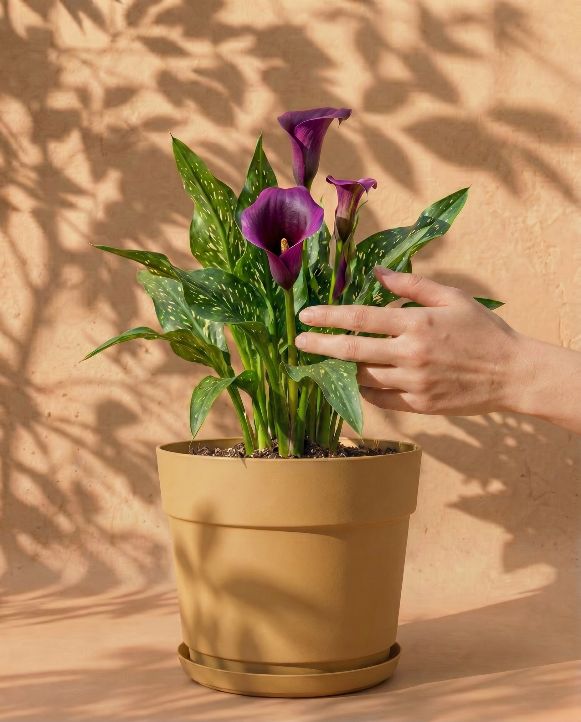 Violette Calla im grauen Bloom-Übertopf mit dekorativem Band und Untersetzer