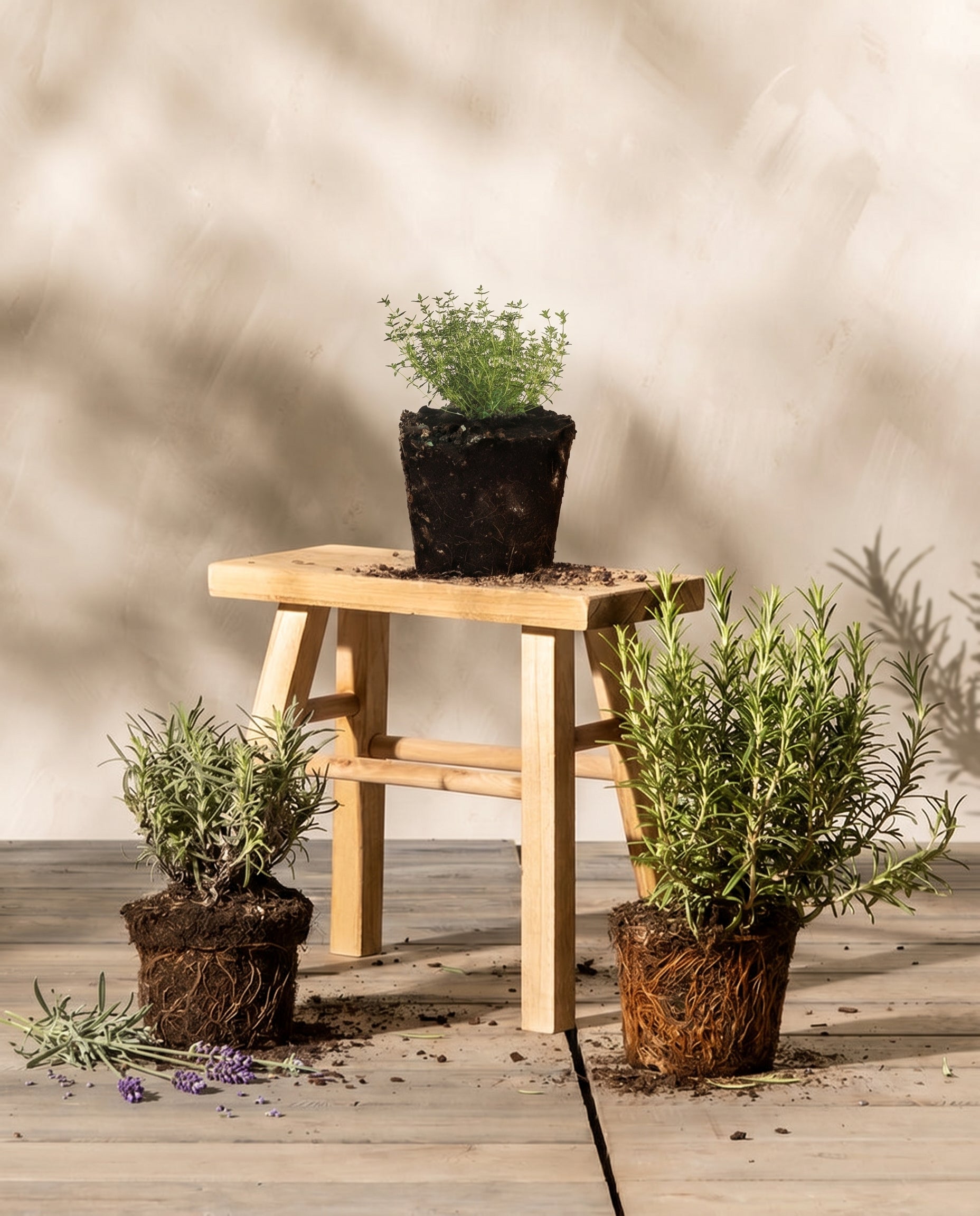 Drei Topfpflanzen, Duftendes Kräuter-Trio mit sichtbarer Erde und Wurzeln, sind auf und um einen kleinen Holzhocker auf einem hellgrauen Holzboden ausgestellt. Zwei Pflanzen stehen auf dem Boden, während eine auf dem Hocker steht. Der Hintergrund ist eine schlichte beige Wand mit weichen Schattenmustern.