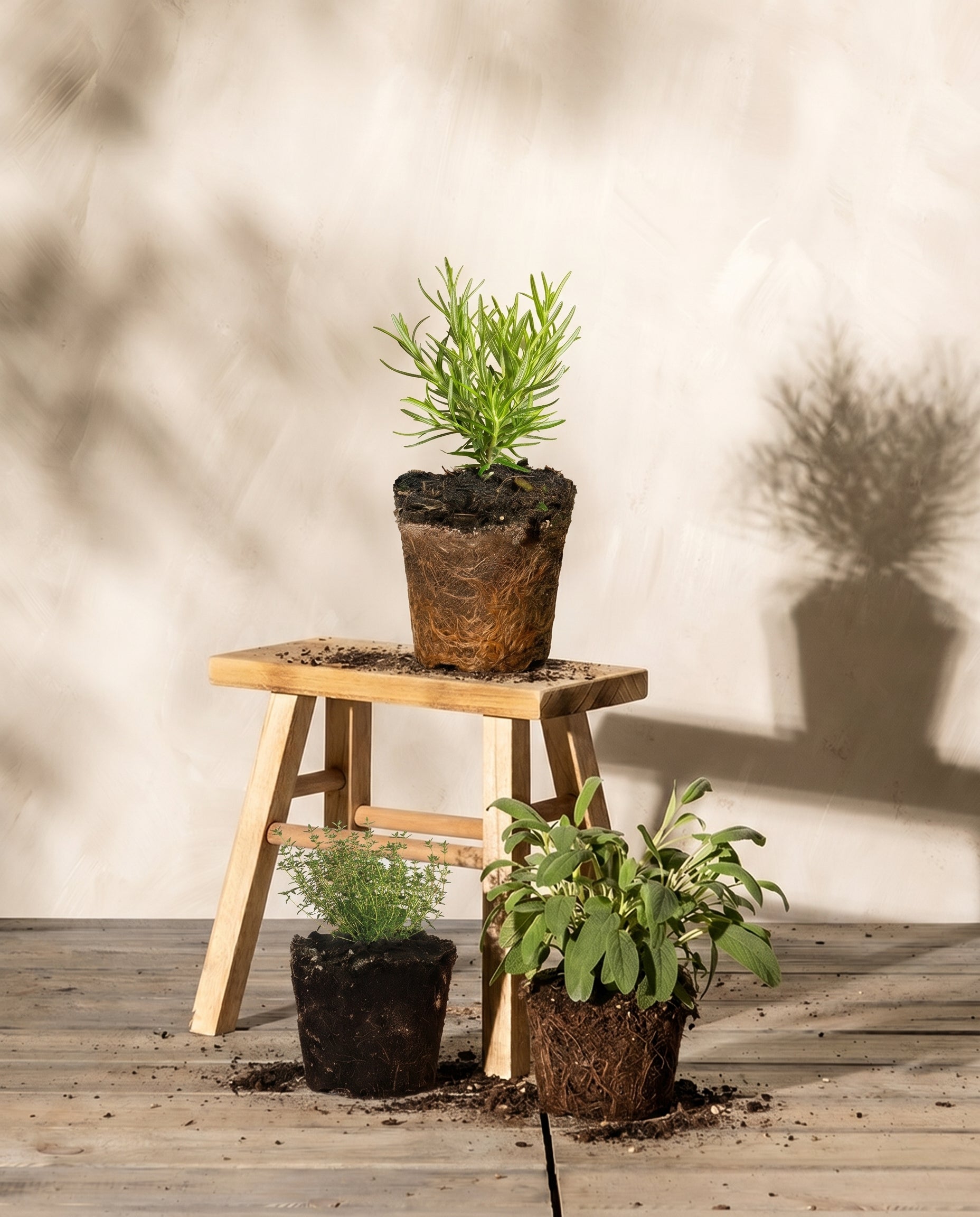 Drei Topfpflanzen, vermutlich Kräuter wie Thymian, Salbei und Rosmarin, werden auf einem kleinen Holzhocker und auf dem Boden präsentiert. Der minimalistische Hintergrund mit Schatten verstärkt ihren Charme. 